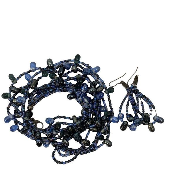 Beaded Necklace Earring Set Faux Lapis Nugget Blue Multi-strand Fashion Lot 0351 - Picture 9 of 13